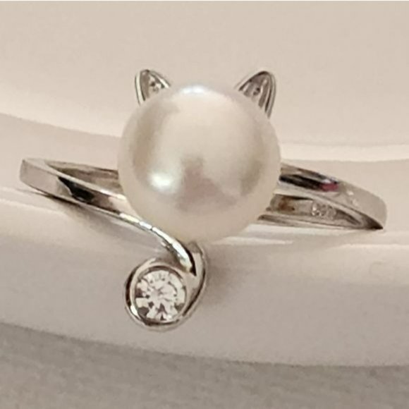 New 925S Silver‎ Real 8mm Cultured Freshwater Pearl Cat Shape Ring - Adjustable - Picture 3 of 15